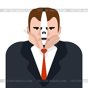 Skull inside head. Cut skin of face. Anatomy - vector image