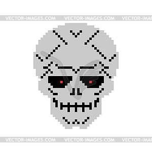 Metal skull pixel art. Iron head skeleton 8 bit - vector image