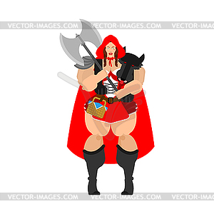 Strong Adult Red Riding Hood and wolf skin trophy - vector clipart