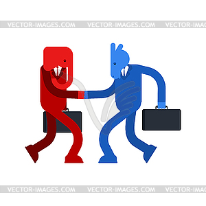 Elephant and Donkey cooperation Handshake - vector clip art