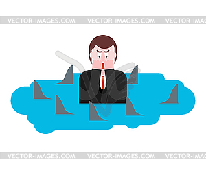 Man surrounded by sharks. Despair of businessman. - royalty-free vector clipart