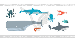 Underwater animals set. Fish saw and shark. Whale - vector clipart