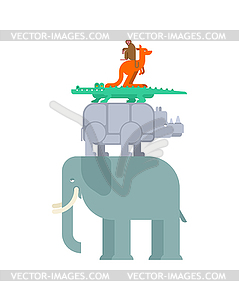 Pyramid of animals. Elephant and rhino. Crocodile - vector image