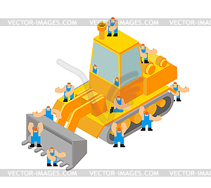 Bulldozer and workers. Tractor and Road labor - vector image