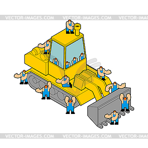 Bulldozer and workers. Tractor and Road labor - vector image