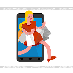 Online shopping . Women coming out of smartphone. - color vector clipart