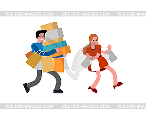 Man and woman shopping. Big Sale. family in store - vector clipart