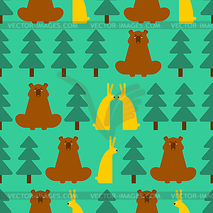 Forest pattern seamless. Bear and Hare. Trees and - vector clipart