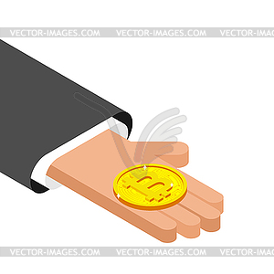 Hand holding Bitcoin . hands palms up Cryptocurrency - vector clipart