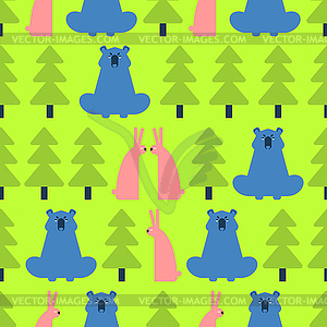 Forest pattern seamless. Bear and Hare. Trees and - royalty-free vector clipart