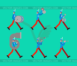 Военный оркестр. Солдаты с музыкальными инструментами. - векторный рисунок