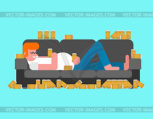 Lazy man lying on couch drinking beer. indolent - vector clipart