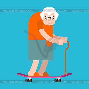 Grandmother on skateboard. Granny on board. Old lad - vector image