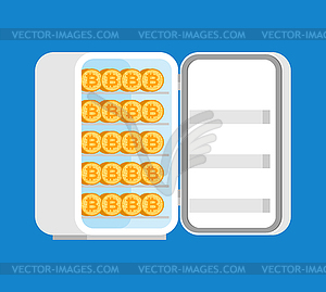 Bitcoin in fridge. Cold crypto wallet. - vector clipart