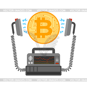 Defibrillator and Bitcoin. Cryptocurrency launch. - vector clip art