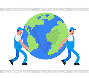 Movers and Earth. Porters carry planet. Delivery - royalty-free vector clipart