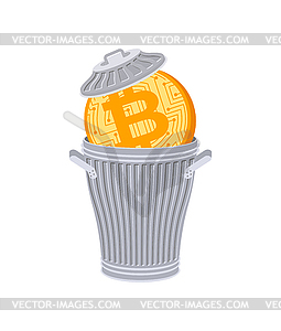 Bitcoin in Trash can. Coin price fall. - vector image