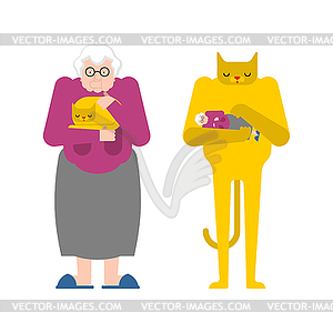 Grandmother and cat contrary. Granny strokes pet. - vector clipart