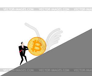 Bitcoin price rising. Businessman pushes coin btc. - vector image