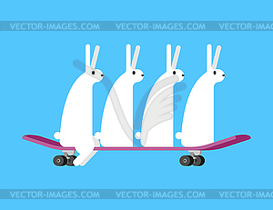 Hares on skateboard. Rabbits on board. Group - vector clip art