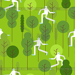 Yeti in forest pattern. Bigfoot walking in - vector clipart