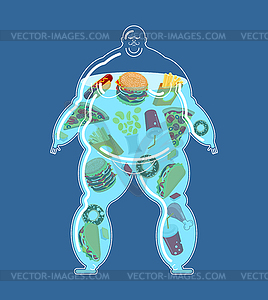 Fat man full fast food. Thick food inside - vector clip art