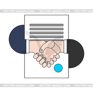 Contract and handshake sign. Signed contract - vector clip art