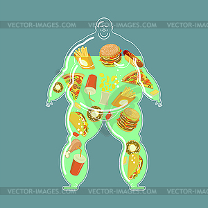 Fat man full fast food. Thick food inside - vector clip art