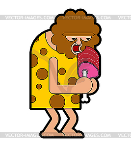 Caveman eating meat. Prehistoric man and meat on - vector clip art