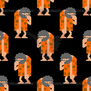 Caveman pixel art pattern seamless. Prehistoric - vector image