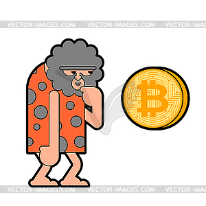 Caveman and bitcoin. Prehistoric man and - vector clipart / vector image