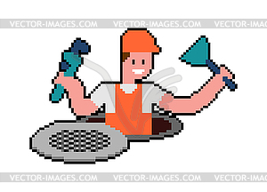 Plumber pixel art. Working in Sewer 8 bit - vector image