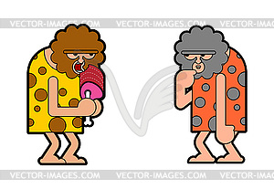 Two Caveman think and blunt. Prehistoric man expect - vector image