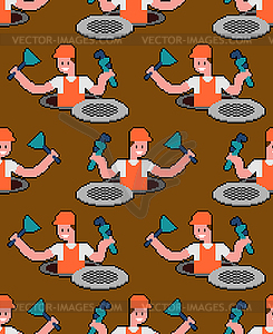 Plumber pixel art pattern seamless. Working in Sewe - vector clipart