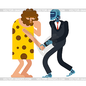 Caveman and Cyborg handshake. Robot and - vector clipart / vector image