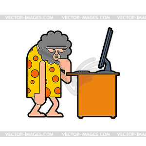 Caveman and computer. Prehistoric man and PC. - vector clipart