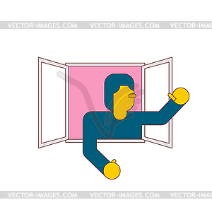 Man in window . Guy casement waving his arms. ill - vector clipart