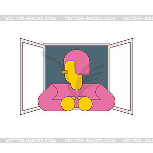 Woman in window . Female casement waving his arms. - vector clipart