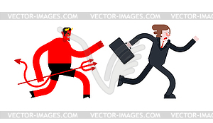 Businessman runs away of Devil. Satan is running - vector clipart