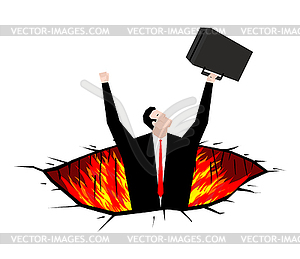 Businessman in Pit to hell. Fire Rift. Hole in - vector clipart
