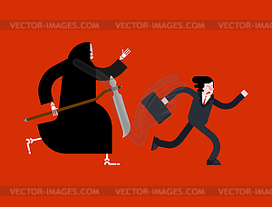 Businessman run away of death. grim Reaper is - vector clipart