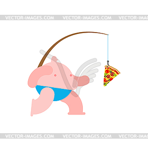 Fat man run for pizza. fast food on fishing rod - vector clipart