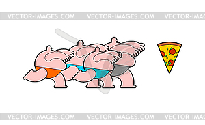 Fat men running for pizza. Fat people and fast food - vector image