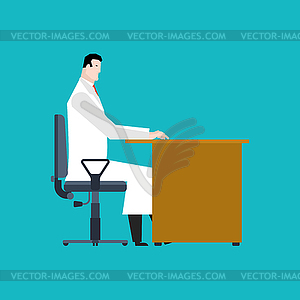 Doctor is sitting at table. medical man work. - vector clip art