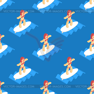 Девушка на доске для серфинга на волне бесшовные. Женщина - клипарт в векторном виде