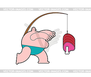 Fat man run for ham. meat on bone on fishing rod - color vector clipart