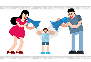 Parents shout through megaphone at child. Man and - vector clipart