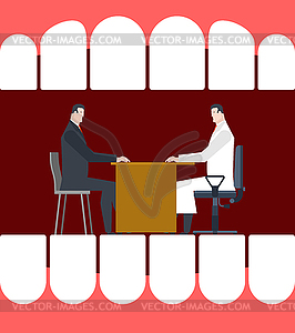 Miniature Dentist in mouth. cleaning tooth - vector clip art