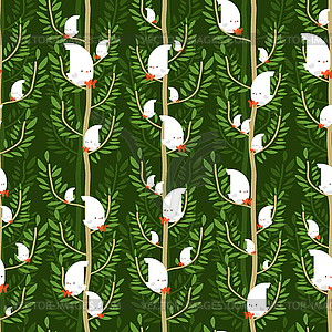 Bird in Forest pattern cartoon. Birdie on tree - vector clipart