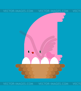 Розовая птица и яйца в гнезде мультяшныйа. Птичка - иллюстрация в векторном формате